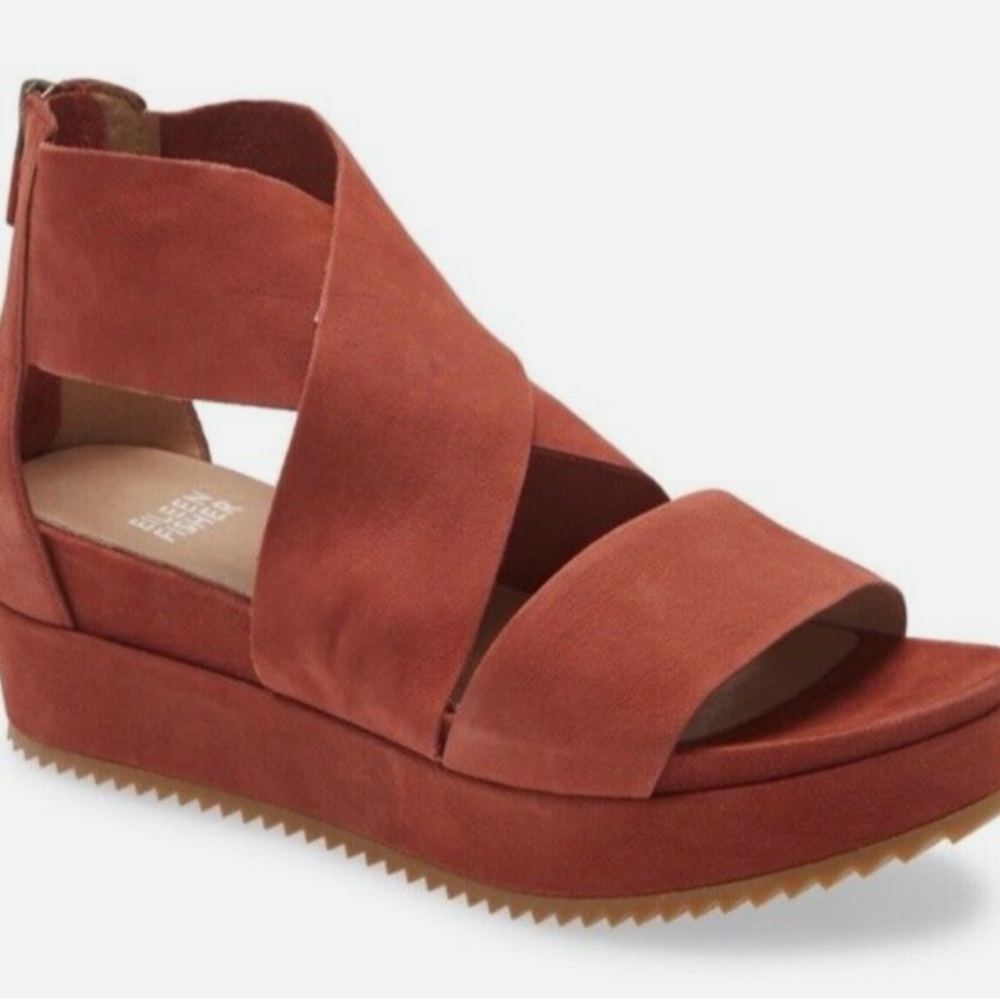 Eileen Fisher Brown Crisscross Nubuck Leather  Wedge Sandals - Picture 12 of 16